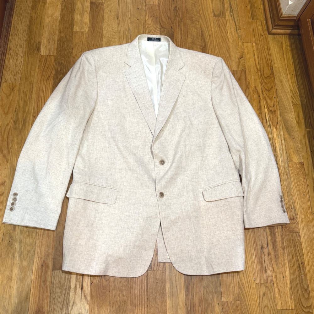 David Taylor Mens 46L Beige Linen Blend Two Button Blazer Sport Coat